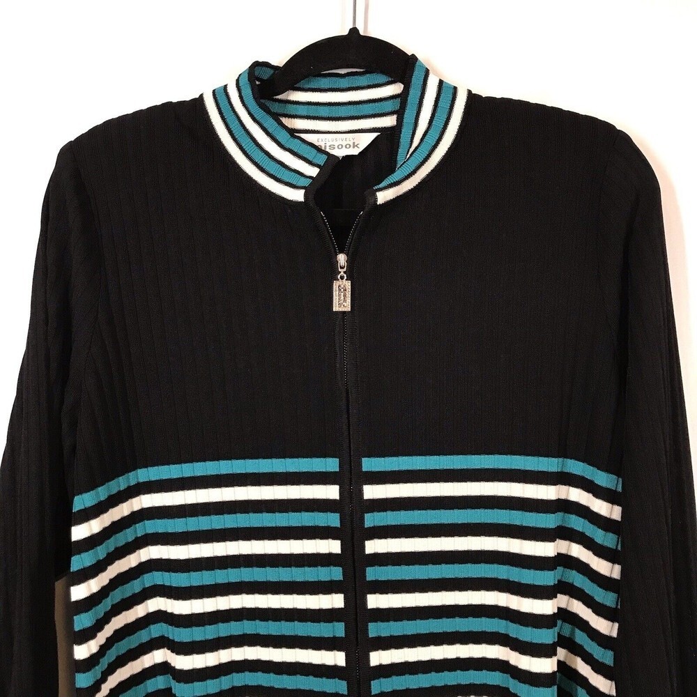 Exclusively Misook Black Striped Knit Zip Up Long Sleeve Women's Medium Sweater - Picture 4 of 8